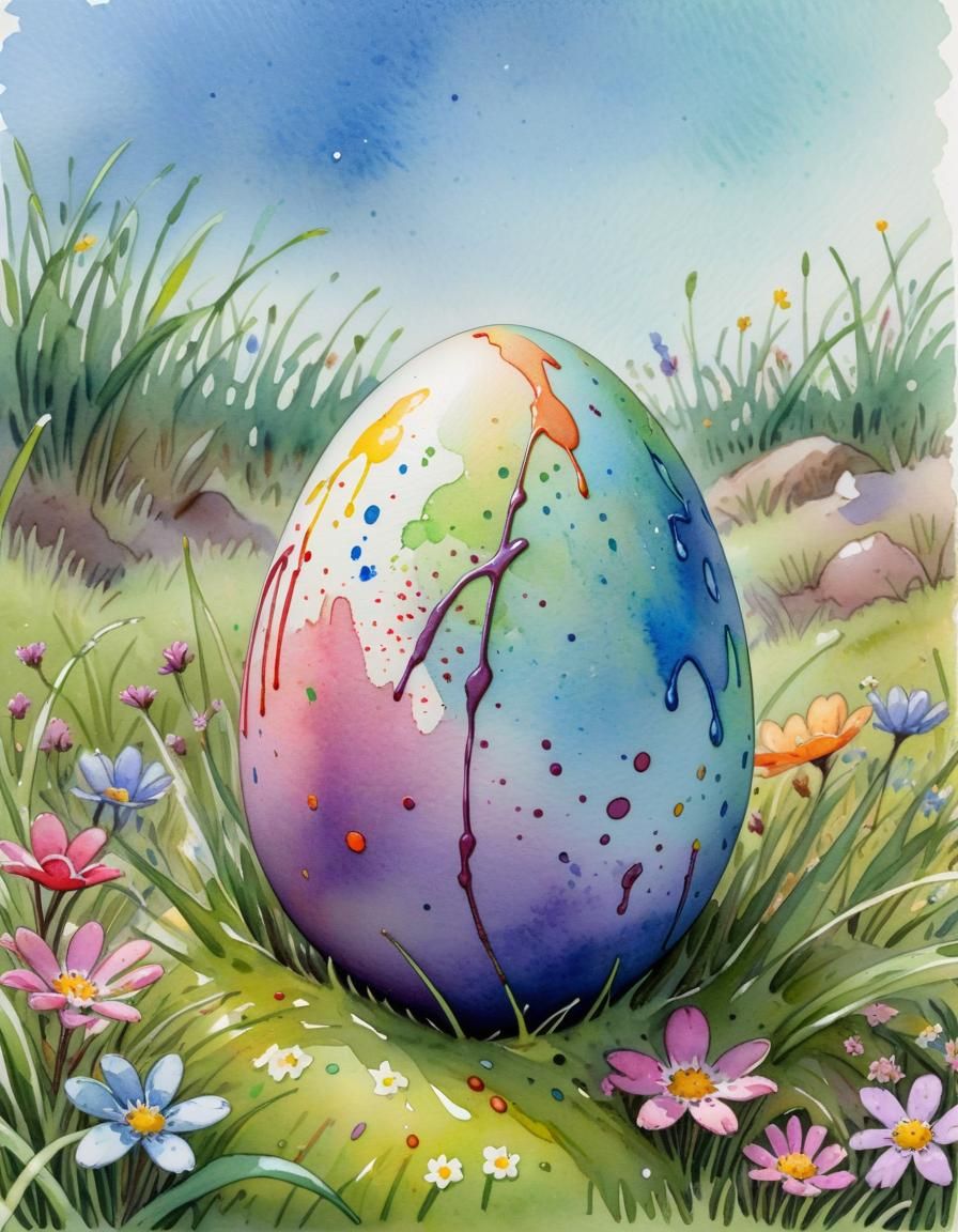 Watercolor Easter Egg in a Garden