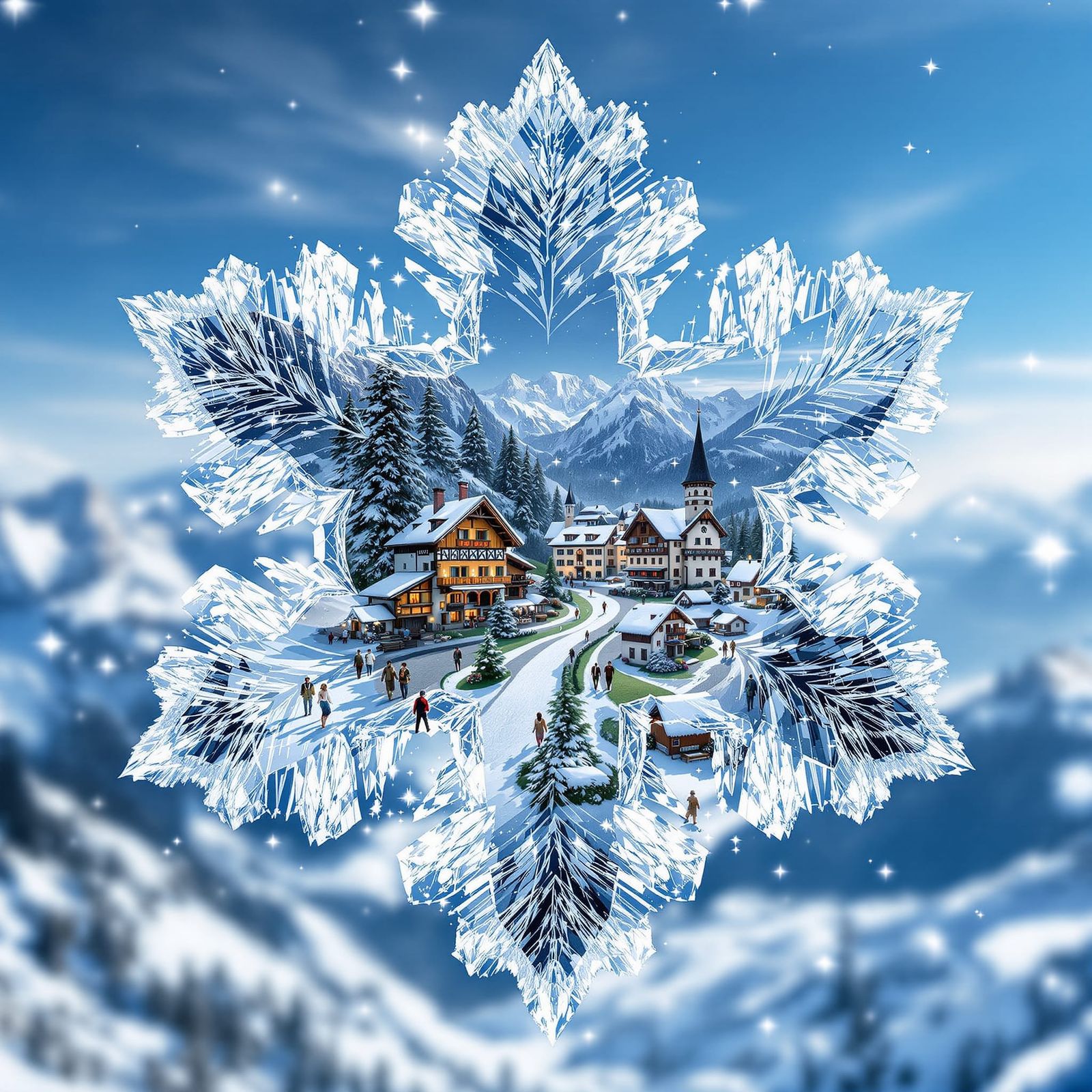 Surreal Snowflake Double Exposure: Swiss Alps Village Scene
