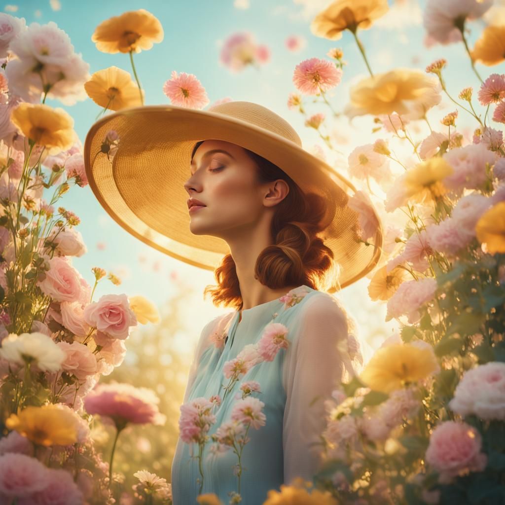 Woman Floating on Garden Hat in Surreal Style