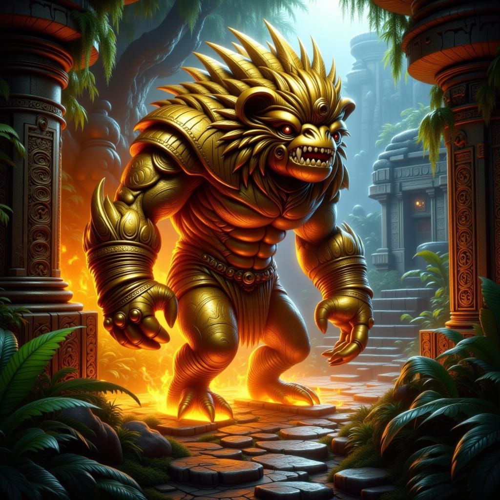 Golden Monkey Statue in Fiery Aztec City