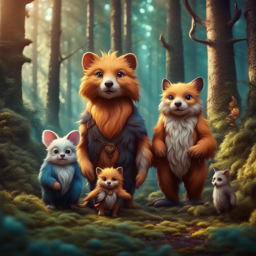 Cute Animal Family in Forest: Matte Painting