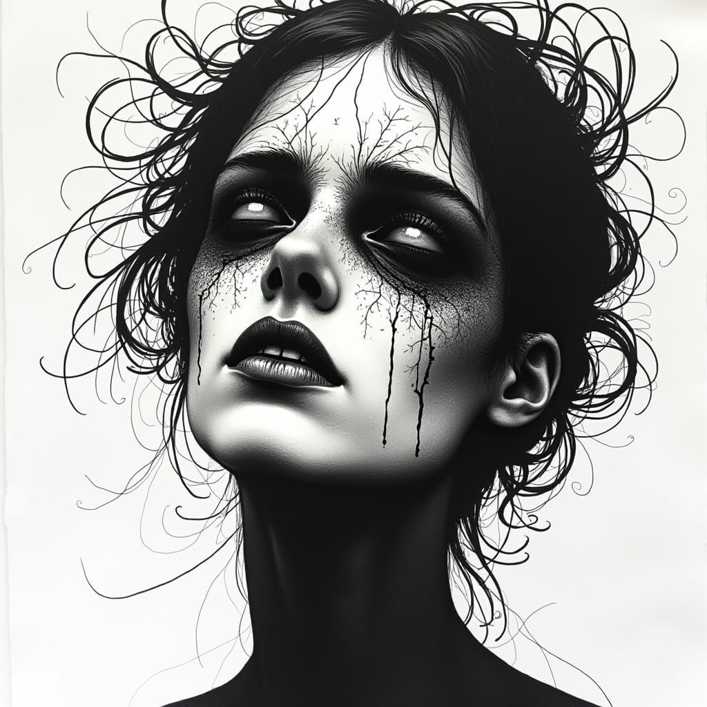 Emotive Despair Portrait in Pen and Ink Style