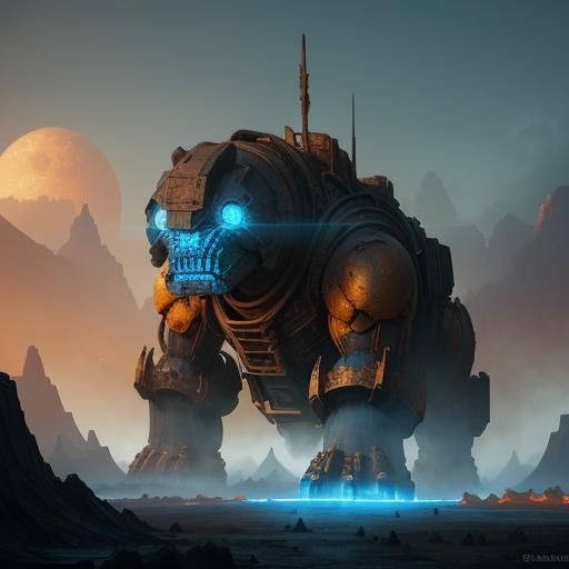 Cerulean Cargo Golem in Industrial Fantasy Style
