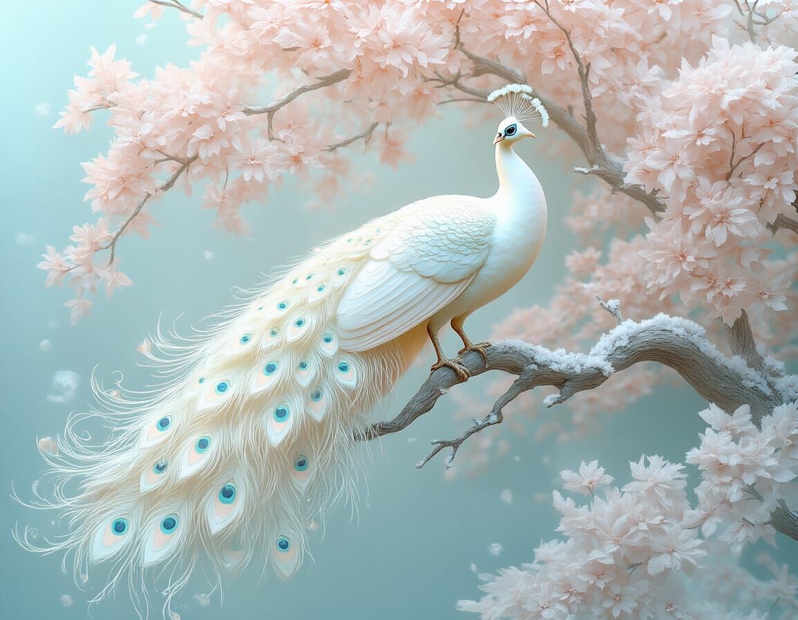 Ethereal Peacock on Frosted Branch in Art Nouveau Style