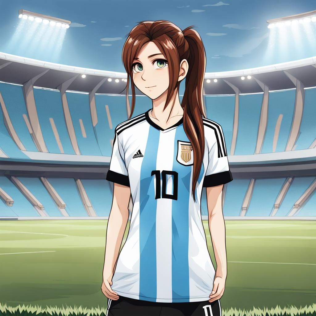 Anime Girl in Messi Jersey with Stadium Background