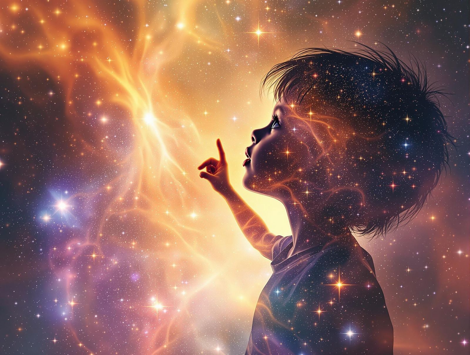 Child Silhouette Gazing at Ethereal Cosmos Universe