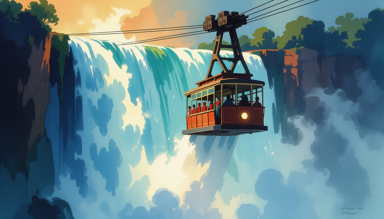 Steam Cable Car Climbs Waterfall in Watercolor Style