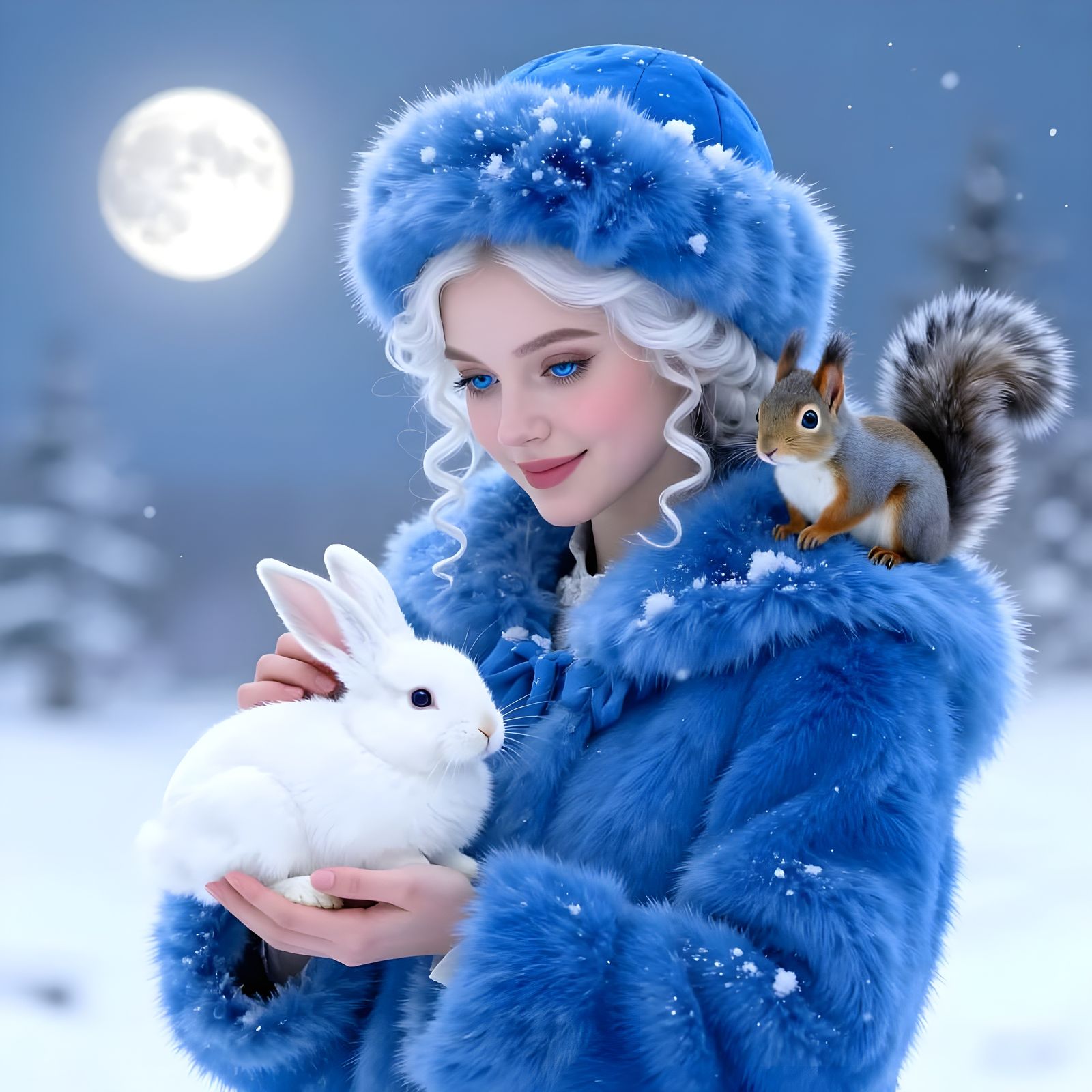 Snow Maiden With Rabbit and Squirrel in Moonlight