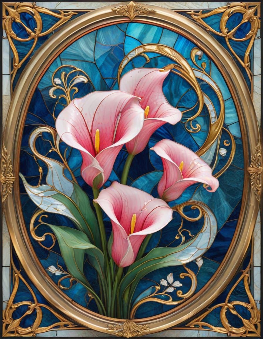 oval Traditional Stained-glass art, medium shot. Small pink-...