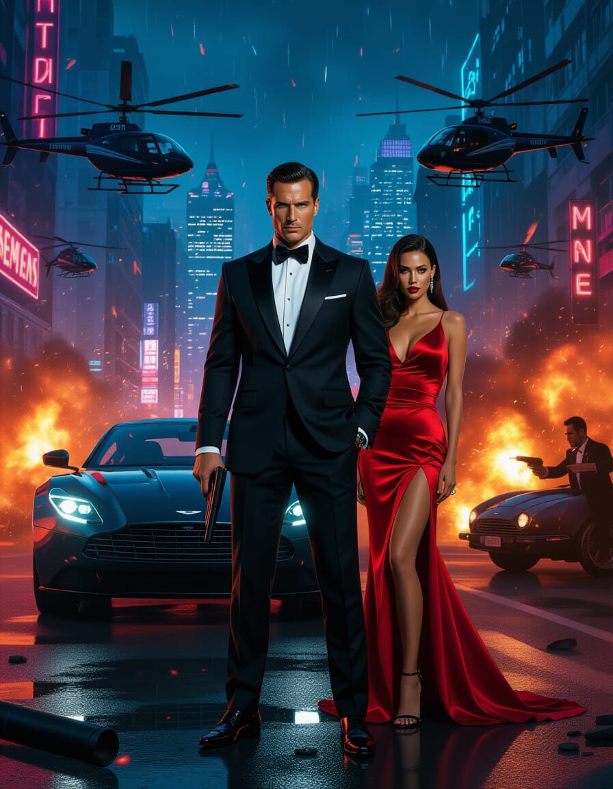 Secret Agent Amid Chaos in Cyberpunk Cityscape