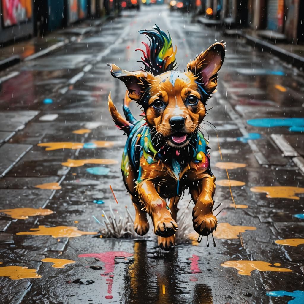 Playful Puppy Runs in Neon Graffiti Rain