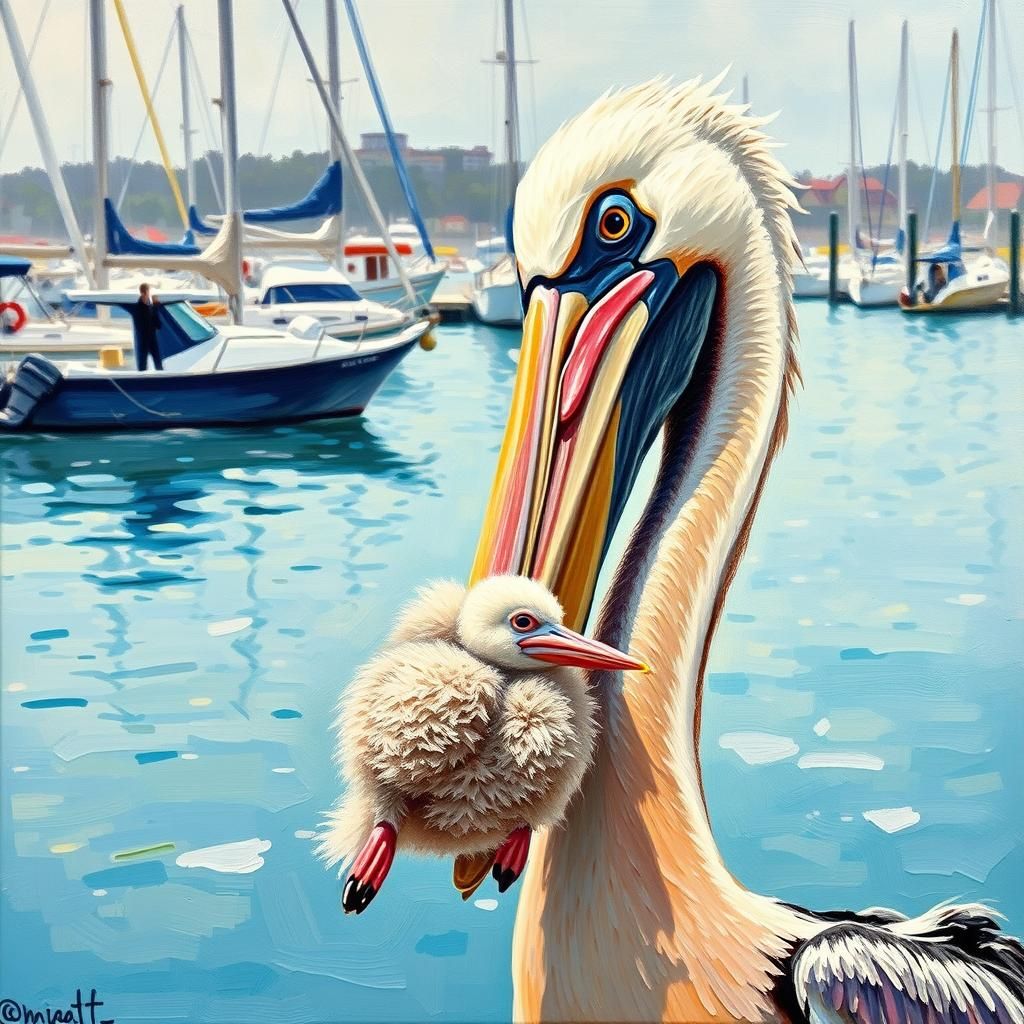Pelican Holding Baby: Neo-Impressionist Oil Painting