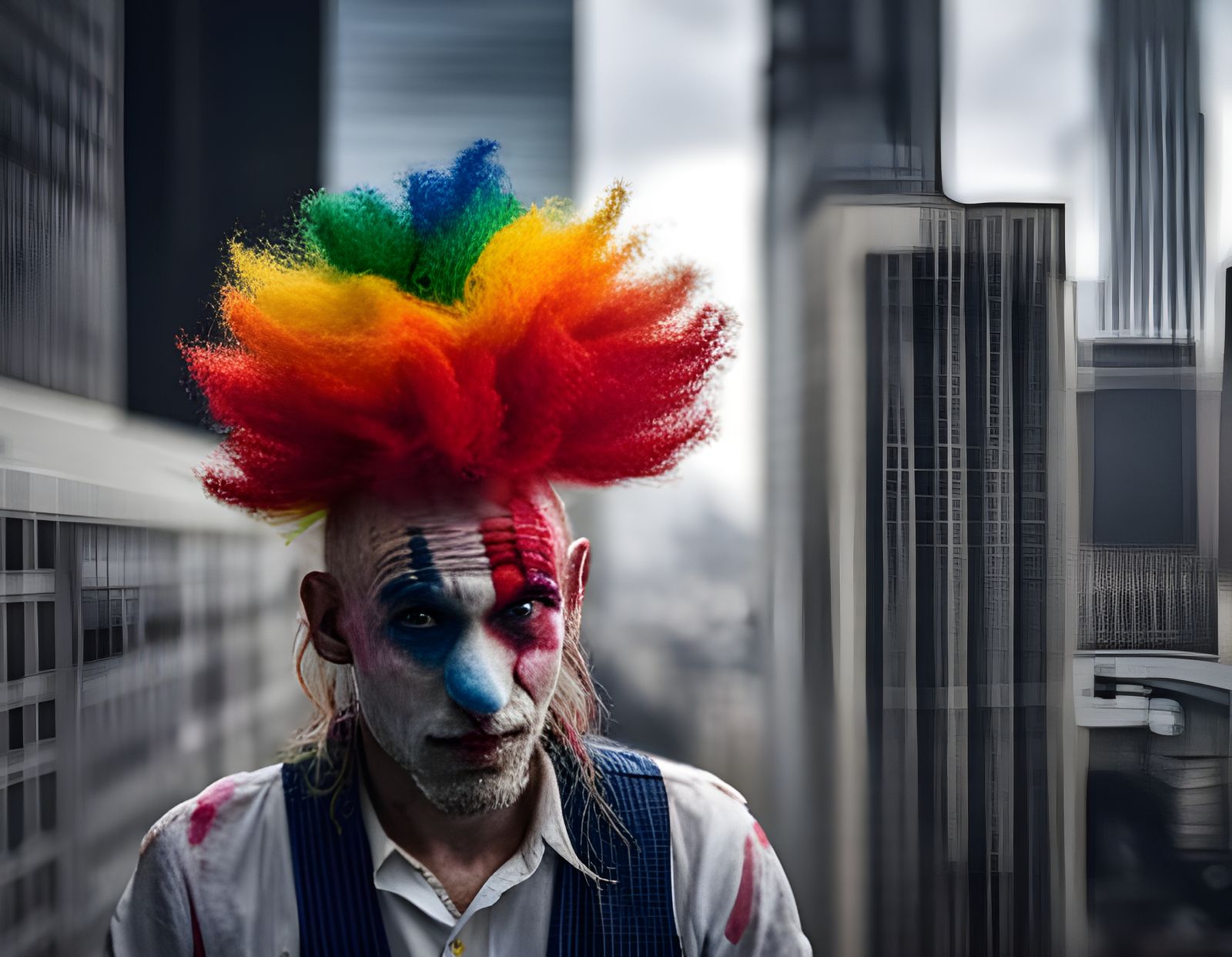 Cheerful Clown Balances on High-Wire, Portrait