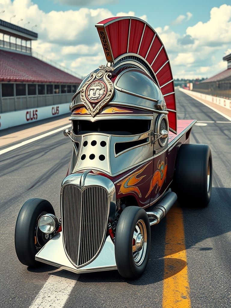 Whimsical Roman Helmet Car on Hot Rod Track