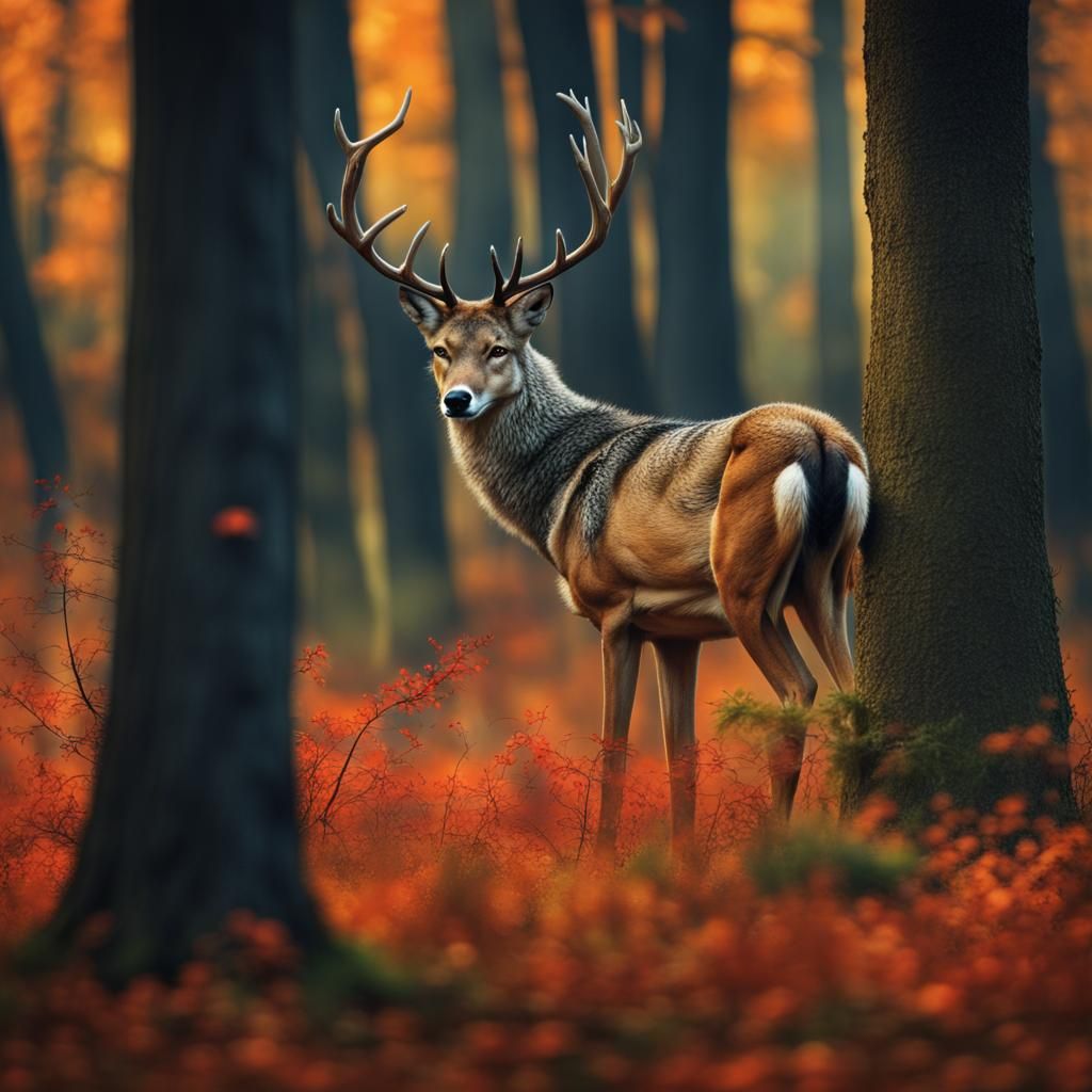 Vivid Wildlife Scene in Dark Oak Forest