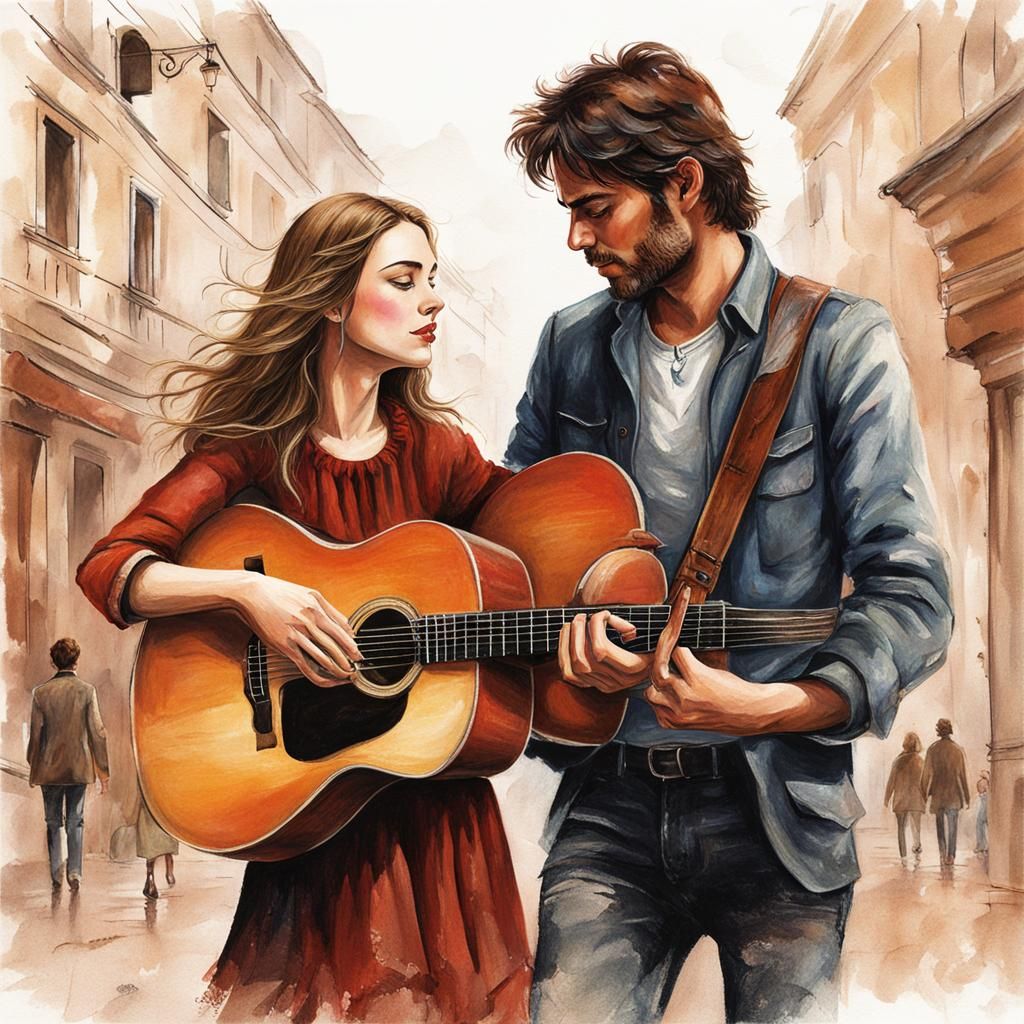Romantic Book Cover: Guitarist and Blind Girl