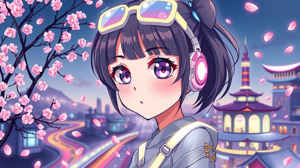 Anime Character in Cyber Village with Holographic Accessorie...