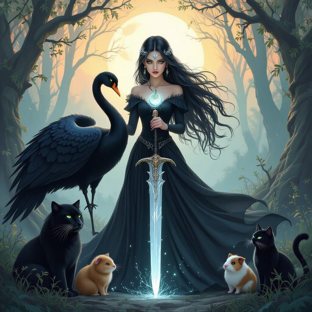 Witch and Swan in Enchanted Forest at Twilight