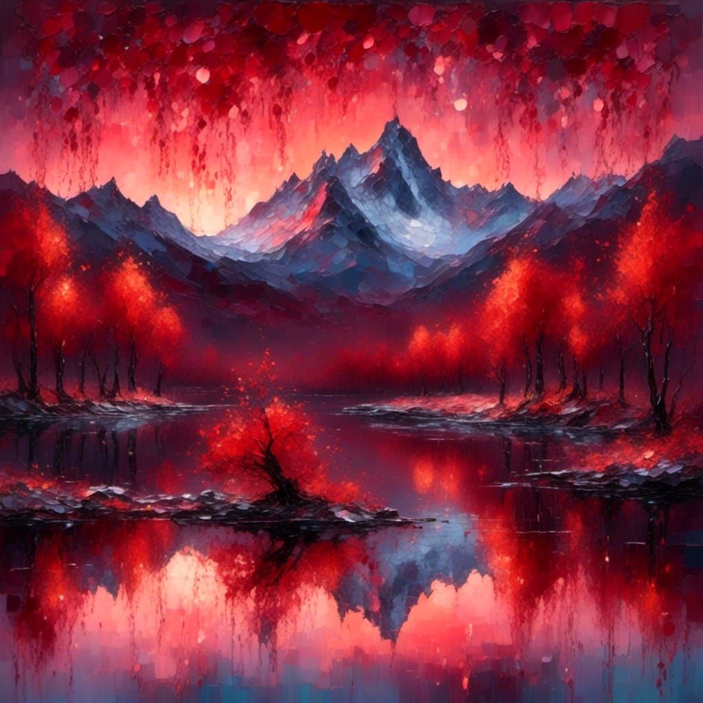 Surrealist Landscape Art with Red Tree at Sunset