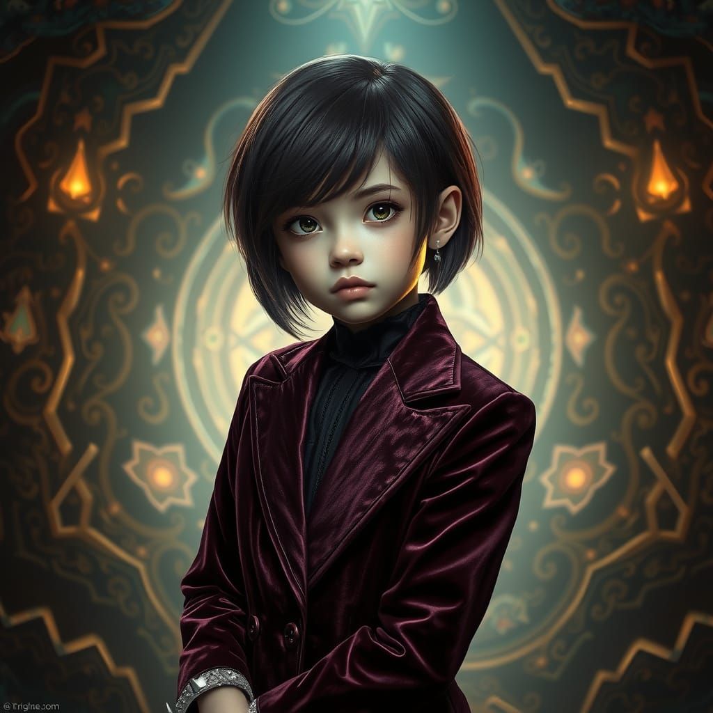 Girl in Velvet Attire, Surrounded by Mystical Patterns