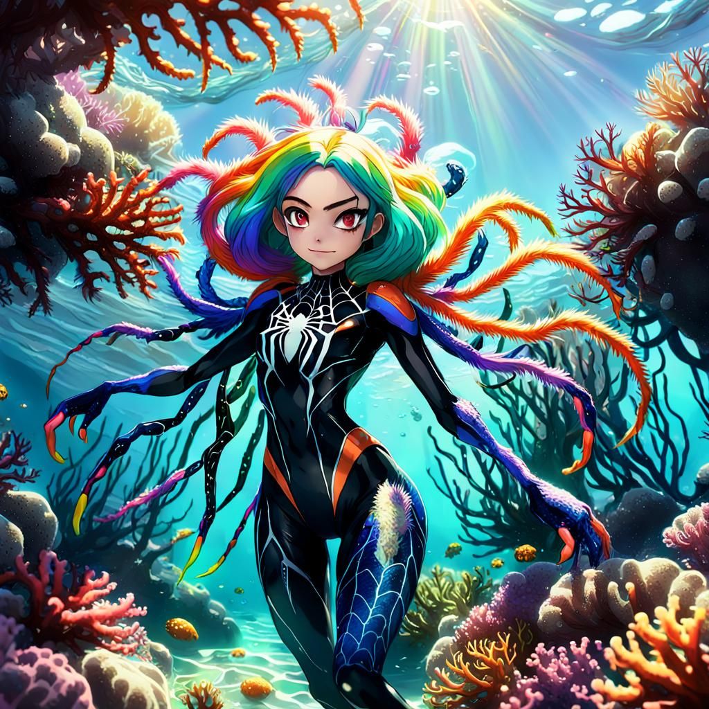 Anime Spider Girl Plays in Ocean Sunlight