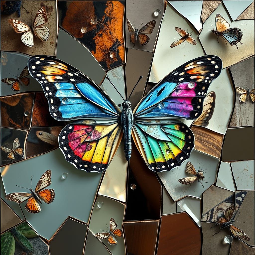 Surreal Bio Art Collage of Four-Stage Butterfly Life Cycle