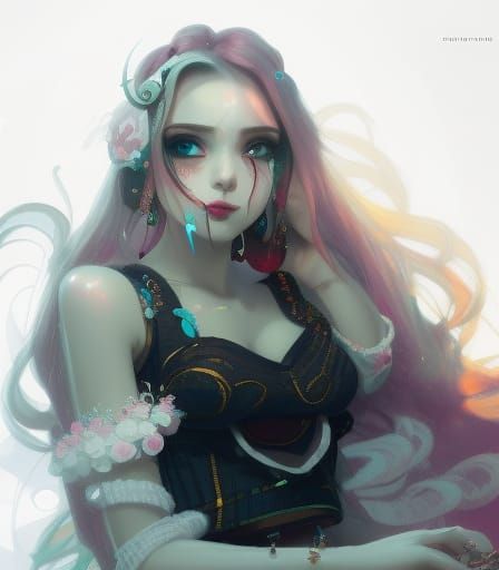 Ethereal Green-Skinned Beauty with Stitches in Art Nouveau S...