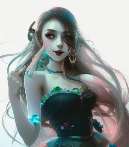 Ethereal Green-Skinned Woman with Skull Earrings