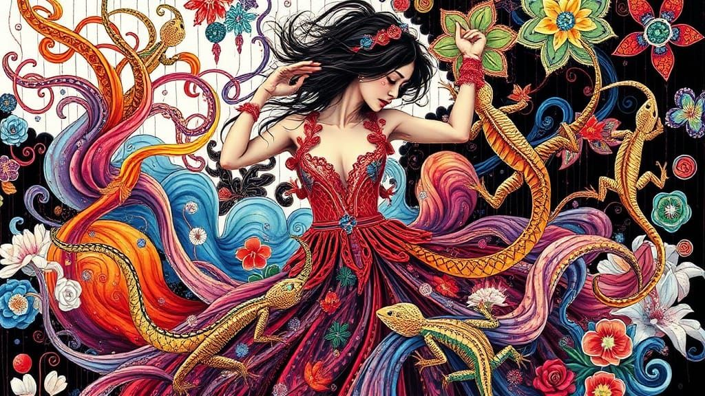 Woman Dancing in Lace Lizard Dress, Fluid Gouache Painting