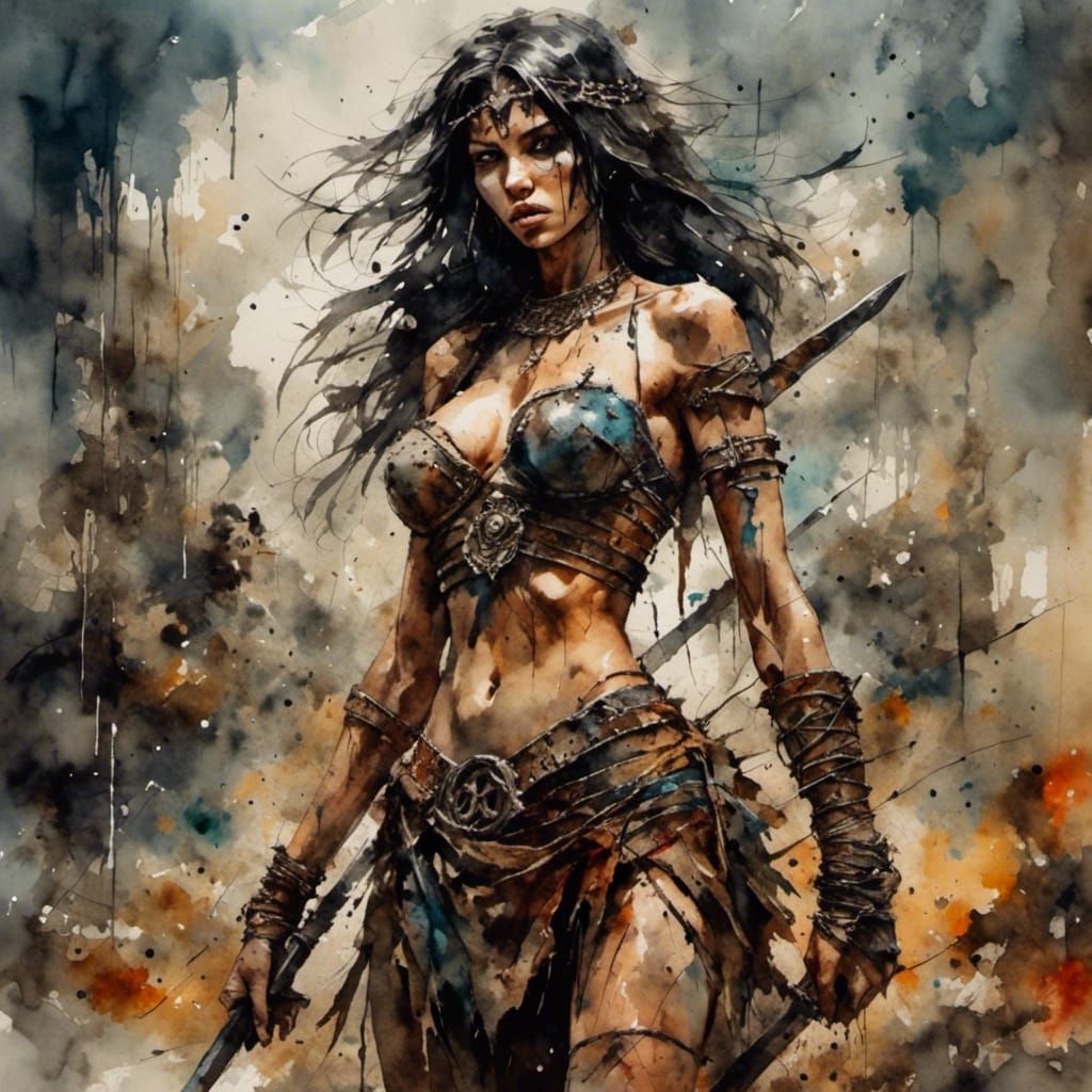 Exotic Barbarian War Woman in Antique Watercolor Style