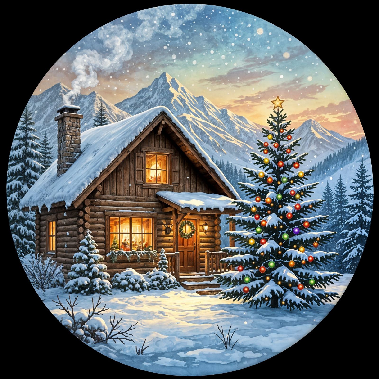 Watercolor Christmas Cabin Ornament in Snowy Mountains