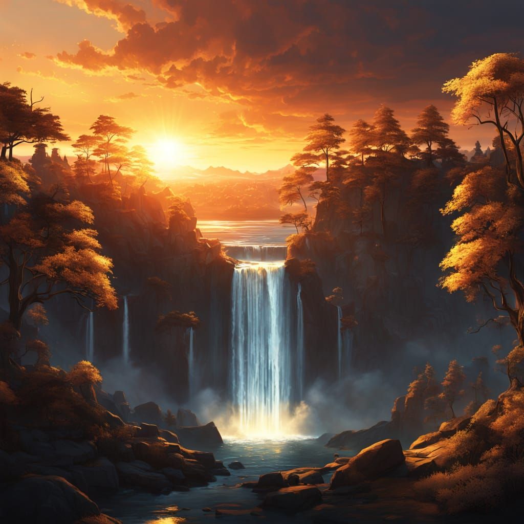 Surreal Waterfall at Golden Hour Sunset