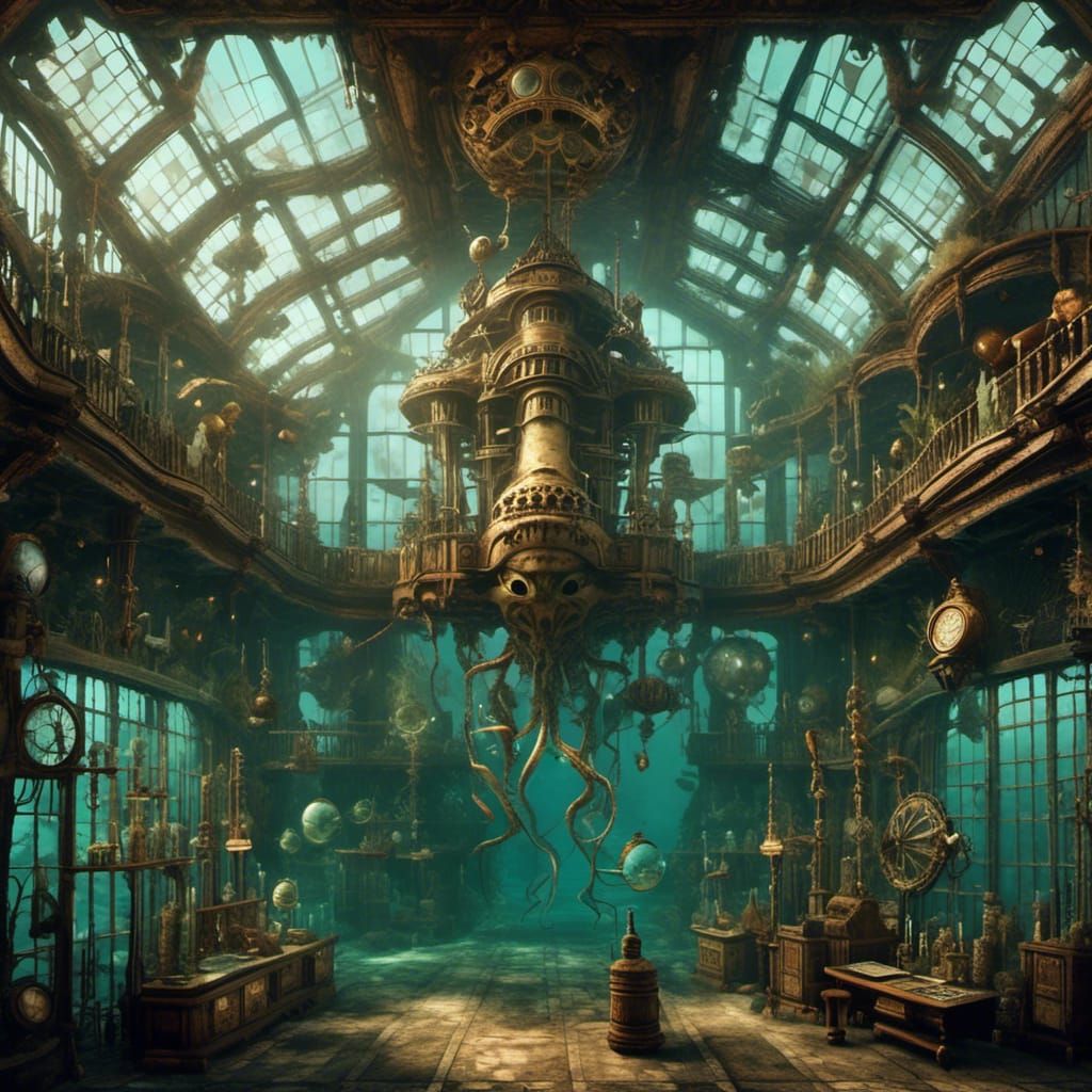 Underwater Steampunk Lab with Mermaids Studying Artifacts
