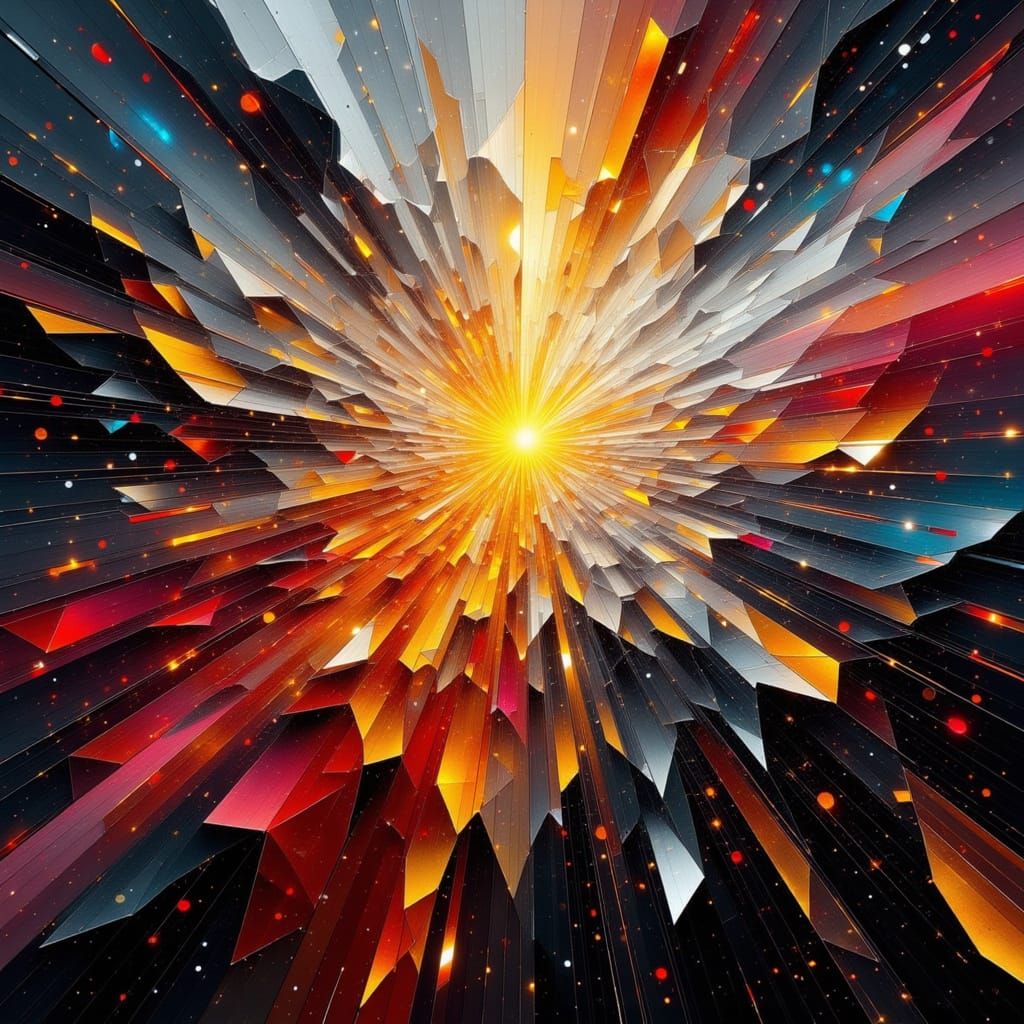 Opalescent Cosmic Sunset in Geometric Ink Sketch