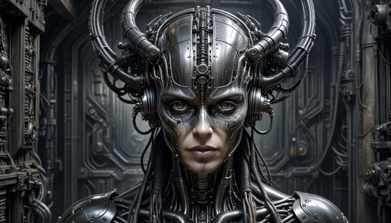 Cyborg Queen in Industrial Throne Room