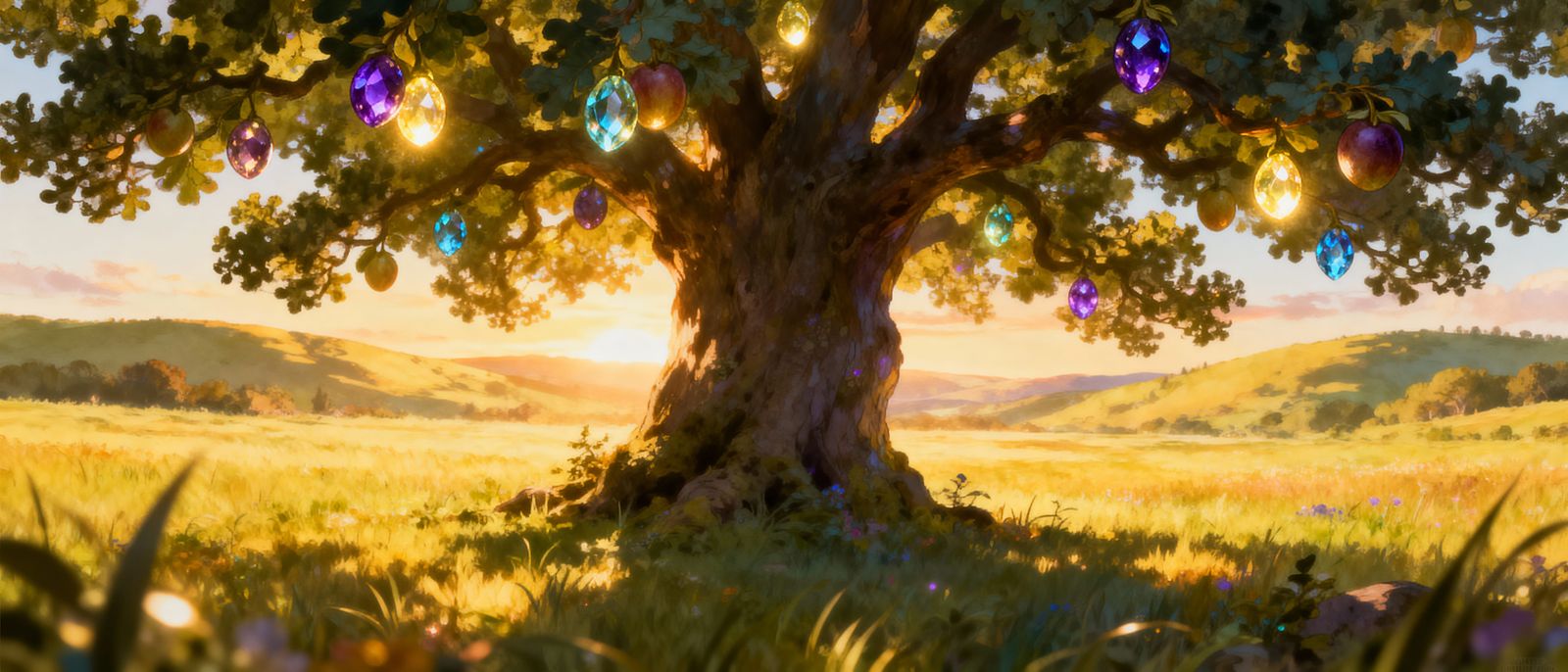 Magical Meadow with Luminous Fruit Tree