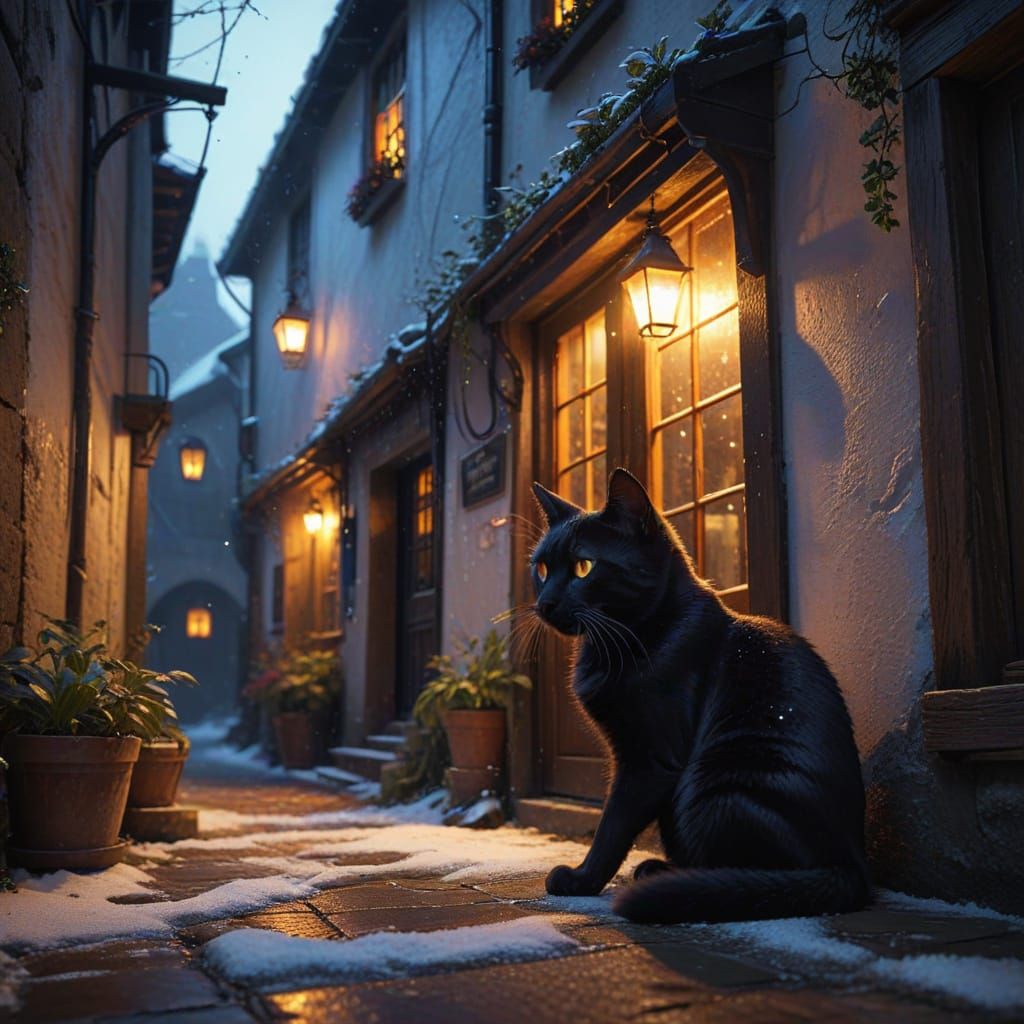 Medieval Alleyway in Snow with Candle Lantern and Cat