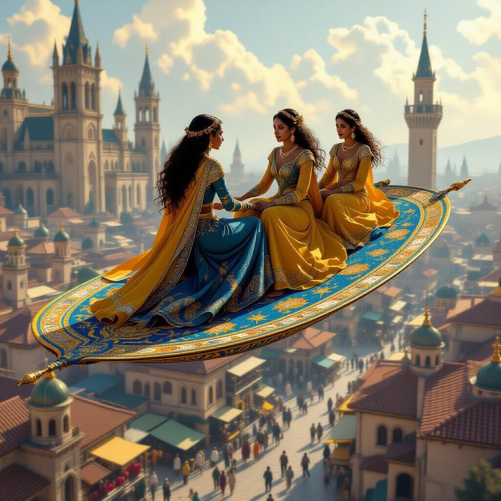 Girls on Flying Carpet Above Medieval Cityscape