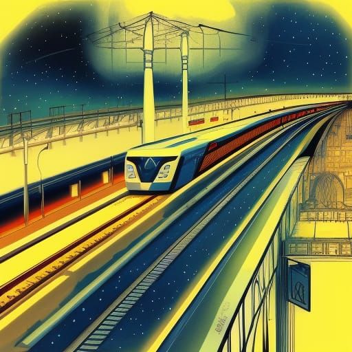 High-Speed Trains at Night: Mixed Media Illustration