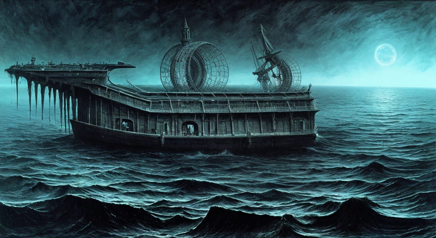 Ghost Ship at Night in Surreal Dark Style