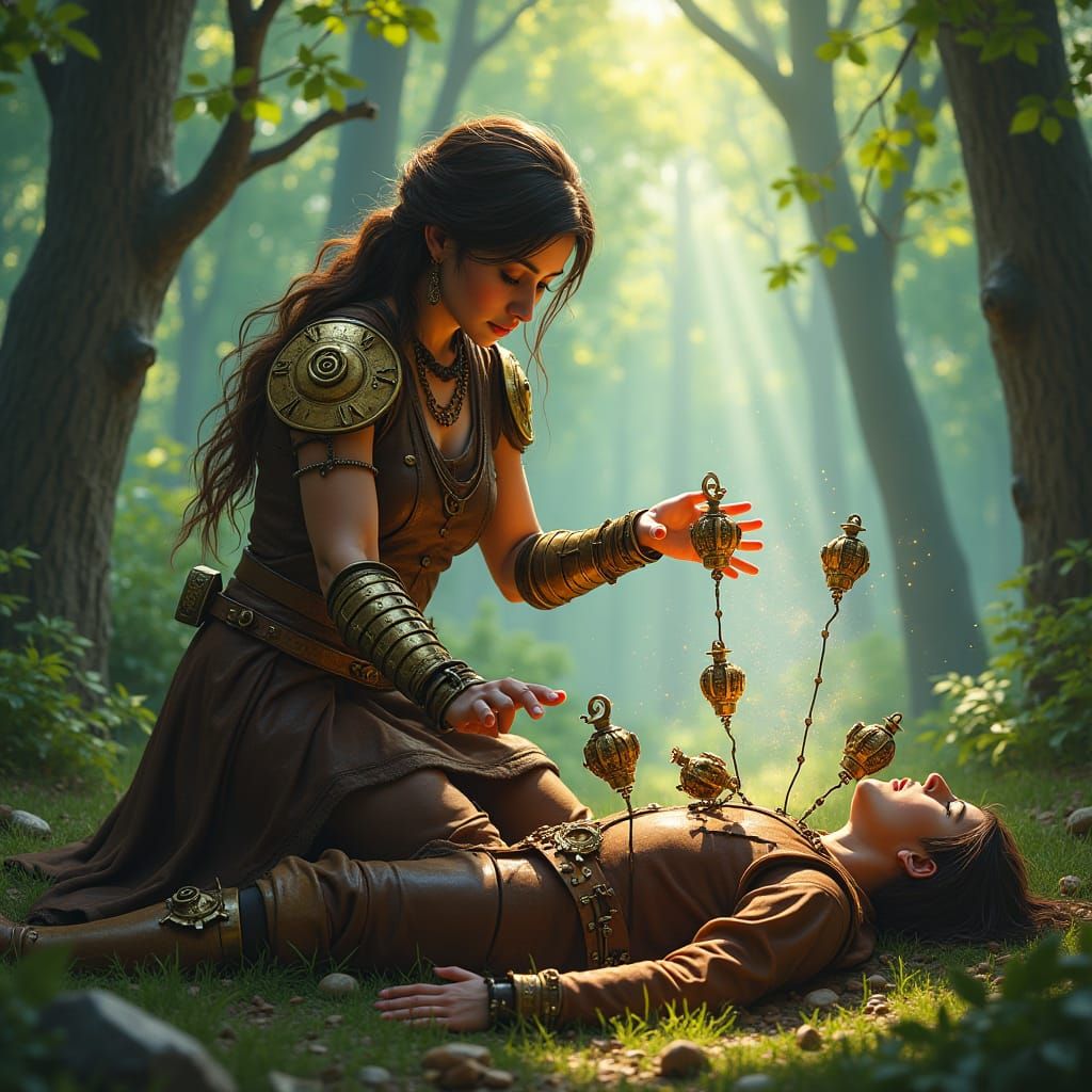 Halfling Sorcerer Heals Warrior with Clockwork Magic