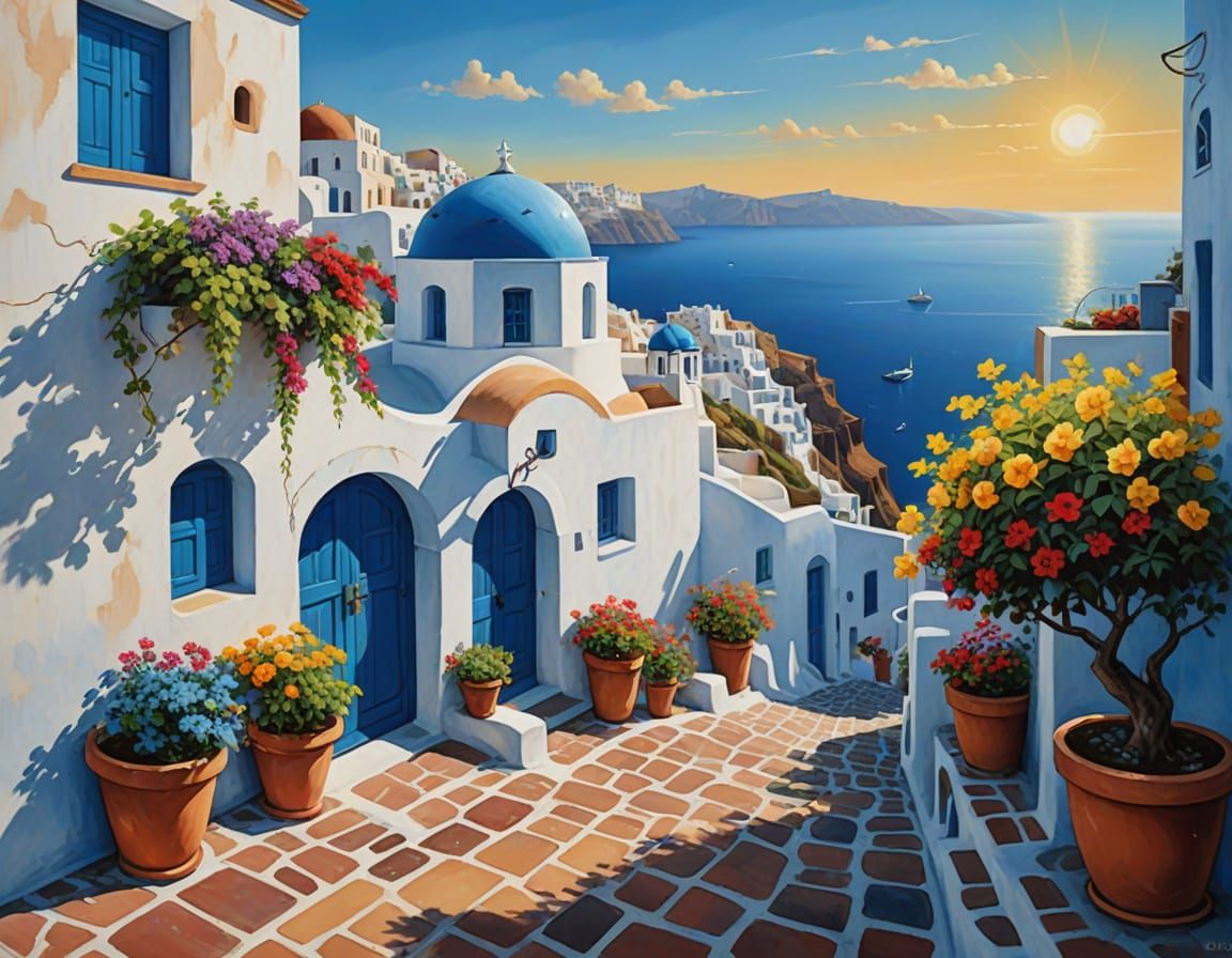 Santorini Street Scene Oil Painting with Flowers