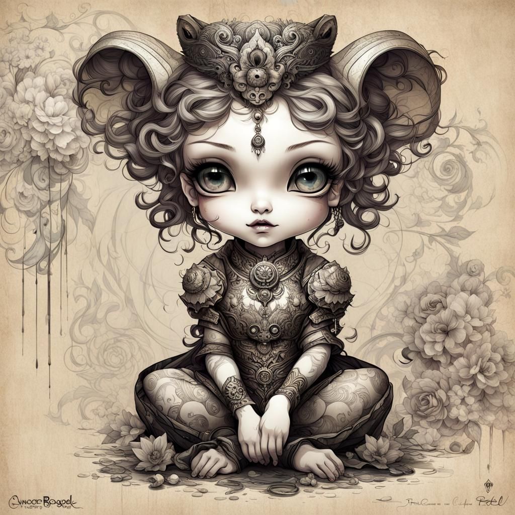 Baroque Chibi Feline Illustration Near the Ocean