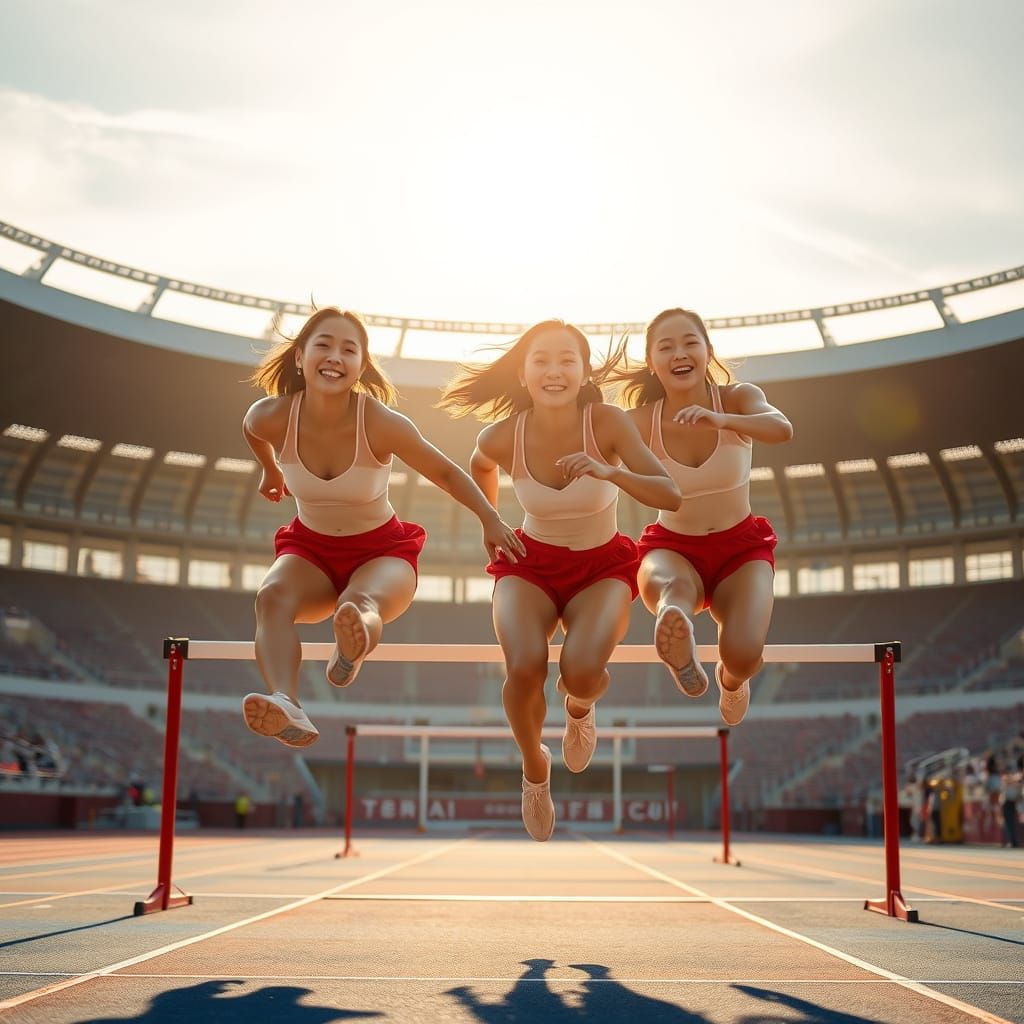 Taiwanese Women Mid-Jump in Summer Athletic Race