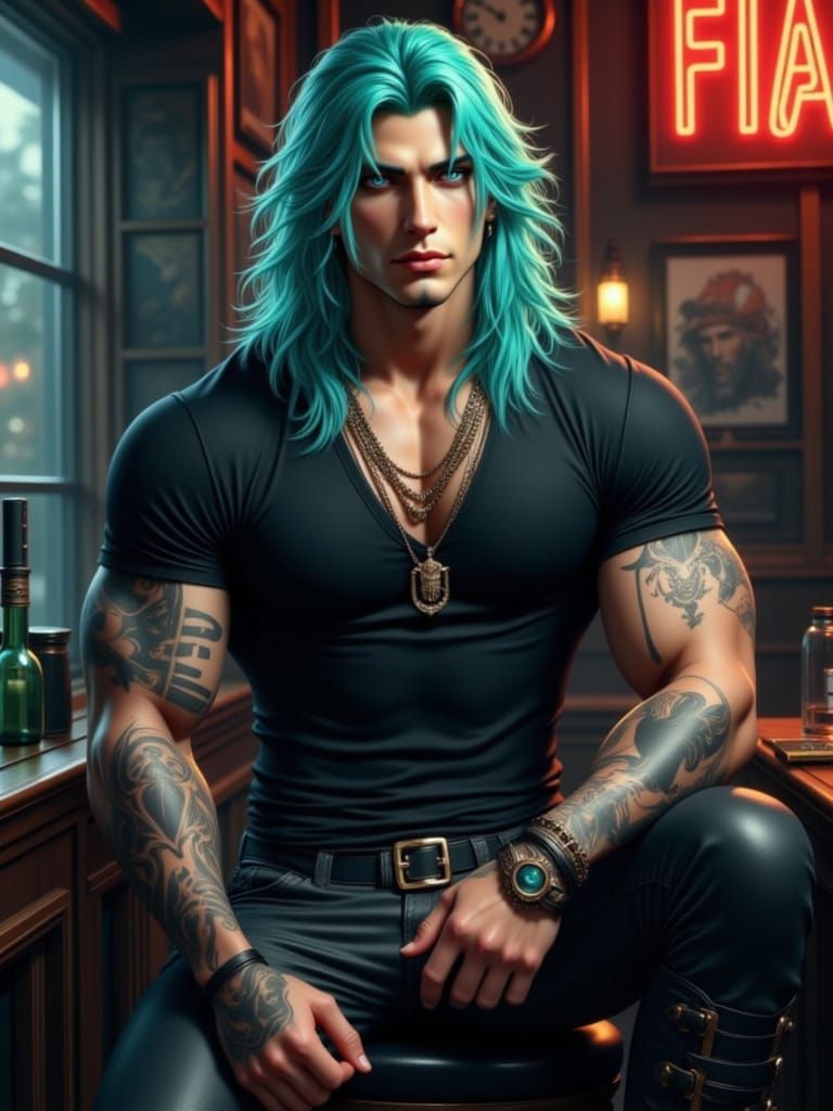 Heavy Metal Musician with Teal Hair in NYC Goth Bar