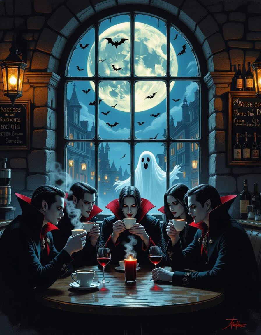 Vampire Coffeehouse Scene with Ghostly Barista