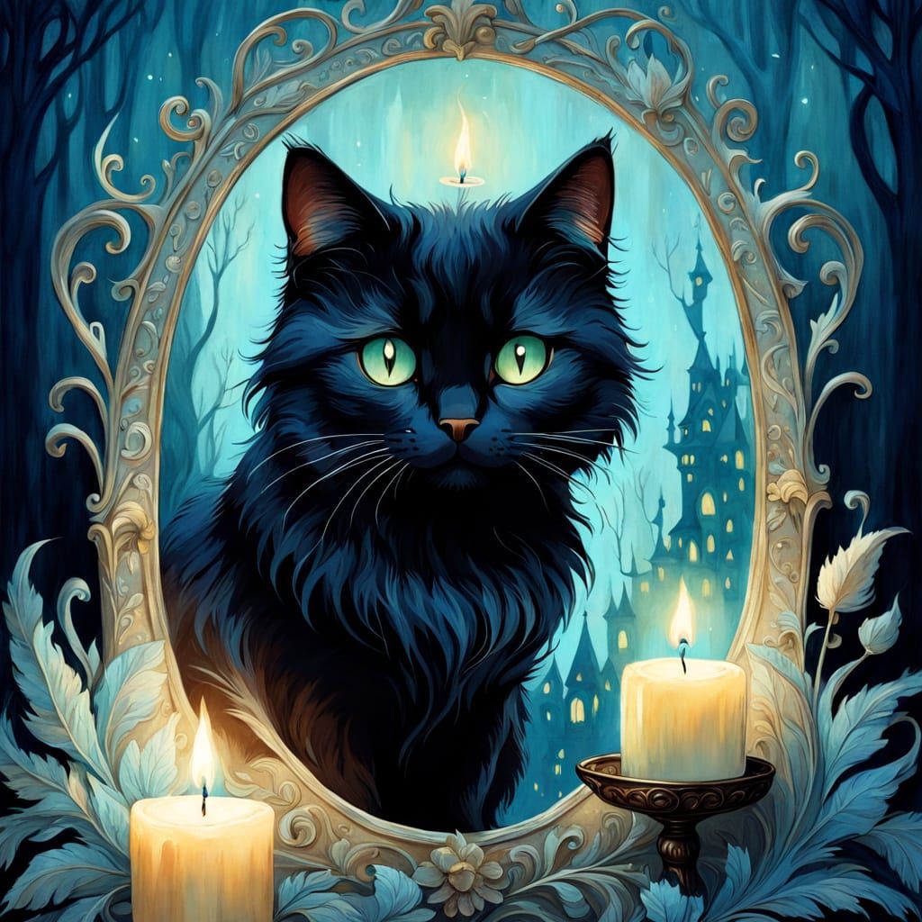 Whimsical Black Cat in Enchanted Dreamscape