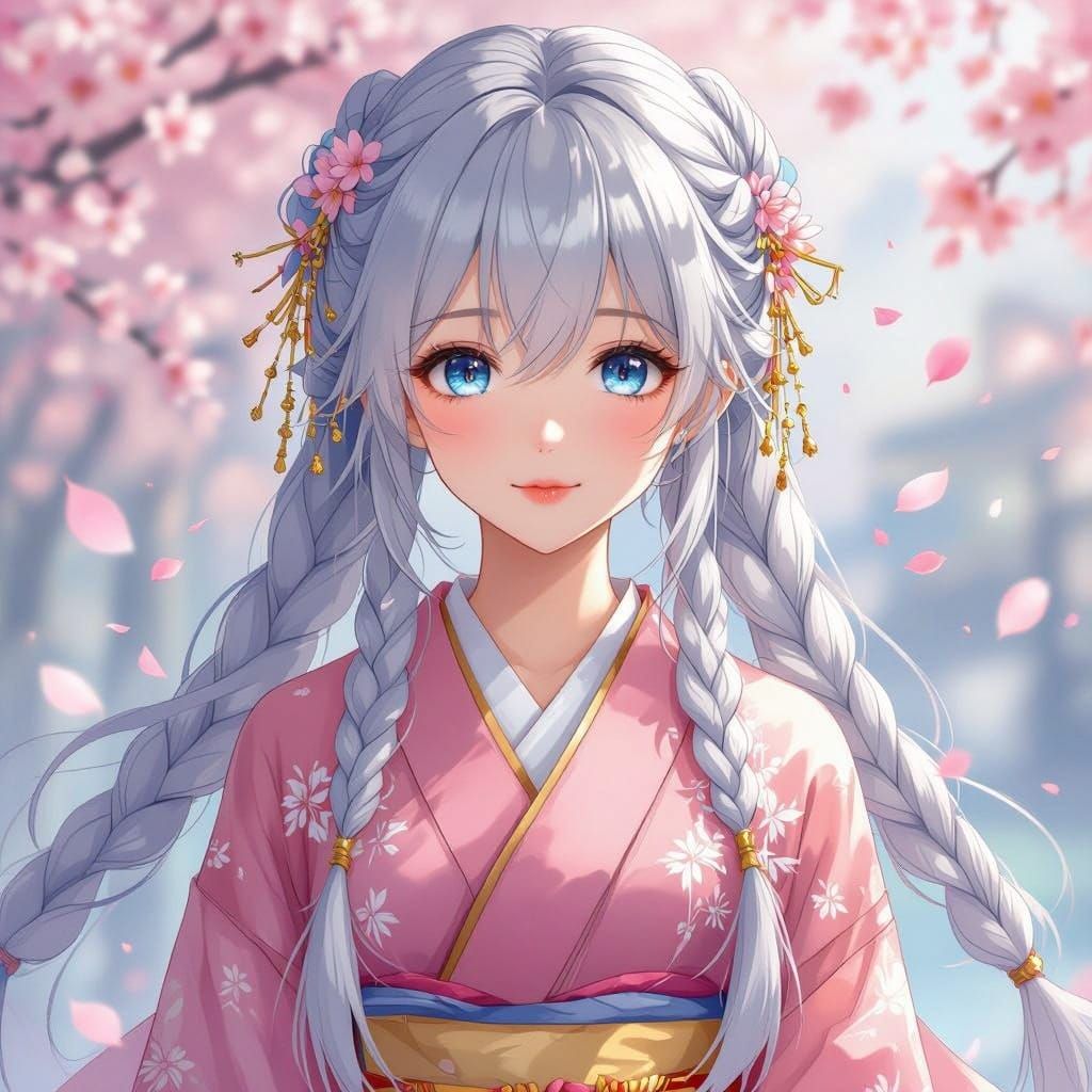 Ethereal Anime Girl in Pastel Pink Kimono Among Cherry Bloss...