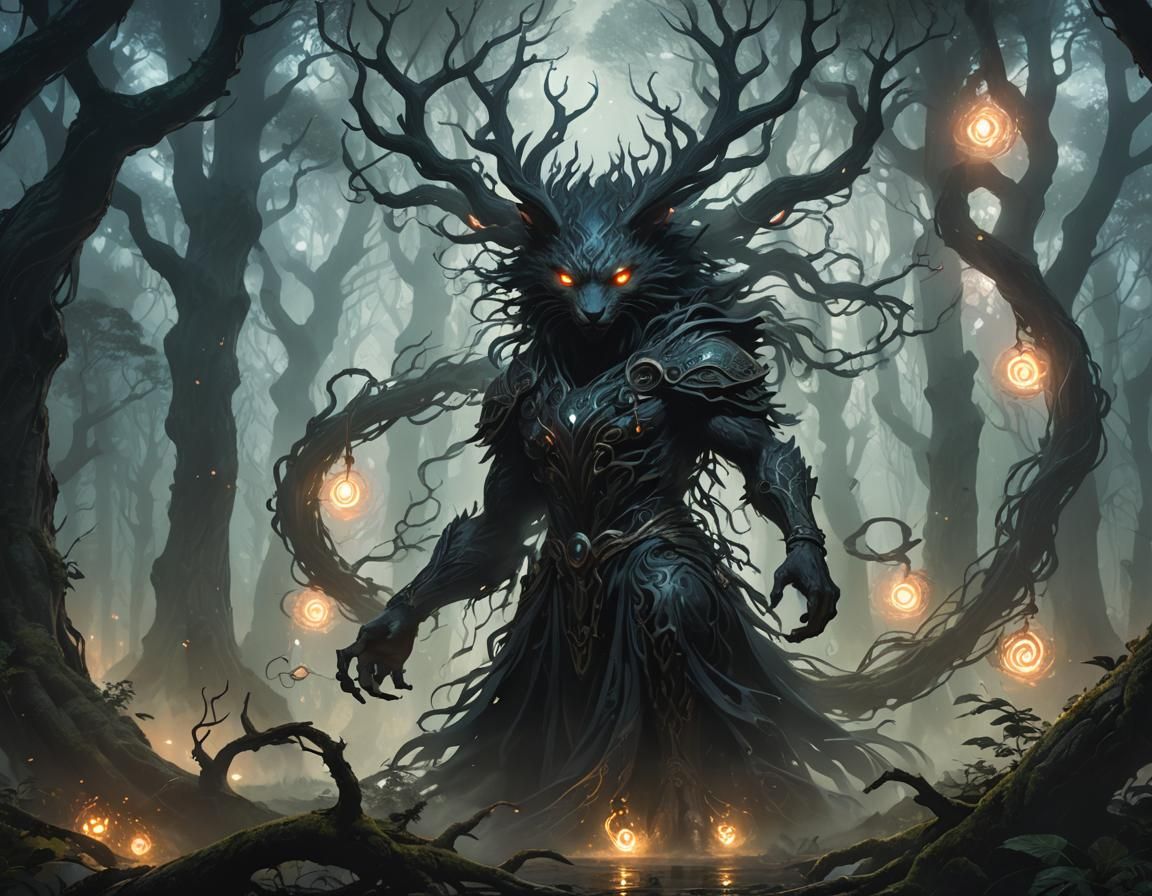 Kyubi in Mist-Shrouded Forest: Dark Fantasy Art