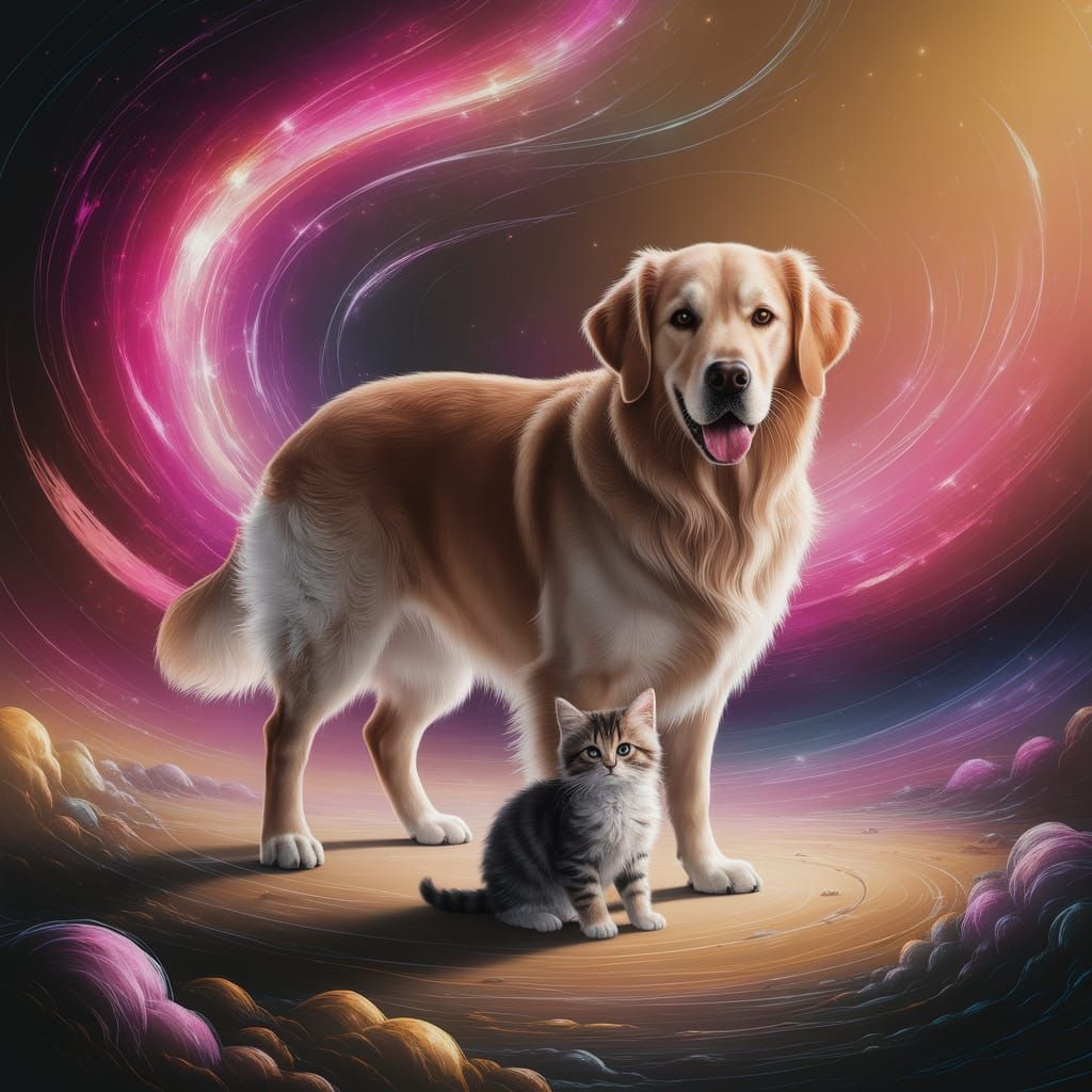 Golden Retriever Protecting Kitten in Surreal Landscape